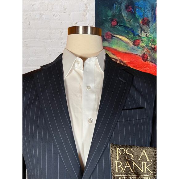 Jos A Bank Mens 41R 36x33 Navy Blue Stripe Wool Cashmere Suit Jacket Pants Set - Picture 3 of 16